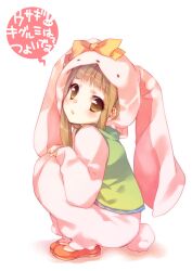  animal_costume animal_ears brown_eyes brown_hair commentary_request cosplay ech female ichihara_nina idolmaster idolmaster_cinderella_girls kigurumi long_hair pout rabbit_costume rabbit_ears solo squatting tail 