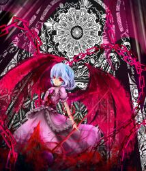  bat_wings blue_hair brooch chains commentary_request female highres ho6clu jewelry miserable_fate no_headwear pillar polearm red_eyes remilia_scarlet short_hair solo spear spear_the_gungnir touhou weapon wings 