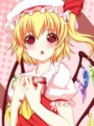  :o ascot blonde_hair collarbone collared_shirt colorized commentary_request female flandre_scarlet frilled_shirt_collar frills hair_between_eyes hat hat_ribbon looking_at_viewer mob_cap noumin open_mouth puffy_short_sleeves puffy_sleeves red_eyes red_ribbon red_vest ribbon shirt short_sleeves side_ponytail solo toron_(mino106) touhou upper_body valentine vest white_hat white_shirt wings yellow_ascot 