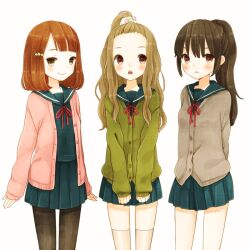  3girls :&lt; arms_behind_back bad_id bad_pixiv_id black_legwear blush brown_hair cardigan long_hair mizutamako multiple_girls original pantyhose pleated_skirt ponytail ribbon school_uniform serafuku short_hair skirt smile thighhighs white_legwear 