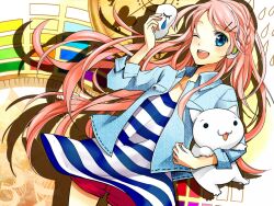  bad_id bad_pixiv_id blue_eyes braid clock denim denim_jacket female hair_ornament headphones heart_beats_(vocaloid) jacket long_hair mask megurine_luka one_eye_closed open_mouth pink_hair shirt shorts side_braid sleeves_rolled_up smile solo striped_clothes striped_shirt tears vocaloid water_drop yuzuki_kihiro 