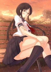  brown_eyes brown_hair commentary_request female glasses highres kazeno muroto_aki photokano school_uniform serafuku sitting twintails 