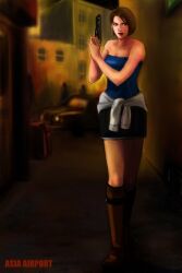  asia_airport boots brown_eyes brown_hair female gun jill_valentine miniskirt resident_evil resident_evil_3 short_hair skirt solo tubetop weapon 