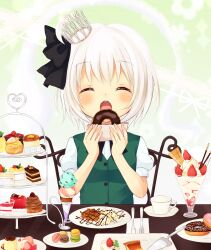  ahoge blush cake cake_slice cherry chocolate_doughnut chocolate_syrup closed_eyes commentary_request cone_holder cream_puff crown cup dessert double_scoop doughnut eating female food fork fruit hairband happy highres holding holding_food ice_cream ice_cream_cone knife konpaku_youmu macaron mini_crown mint_chocolate mont_blanc_(food) napkin open_mouth parfait plate pudding purin_jiisan short_hair sitting solo spatula sprinkles strawberry strawberry_parfait strawberry_shortcake table teacup tiered_tray touhou upper_body wafer white_hair 