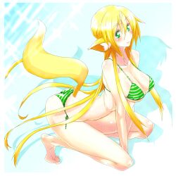  angelo_(gomahangetsu) angelo_(pixiv1303106) animal_ears bikini blonde_hair blonde_hair breasts erect_nipples female female foc_ears fox fox_ears fox_tail green_eyes kaori_(angelo) kneeling large_breasts long_breasts original outdoors outside solo swimsuit tail 