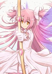  blue_door bow bow_(weapon) commentary_request dress female gloves hairbow kaname_madoka long_hair mahou_shoujo_madoka_magica mahou_shoujo_madoka_magica_(anime) pink_hair solo spoilers two_side_up ultimate_madoka weapon wings yellow_eyes 