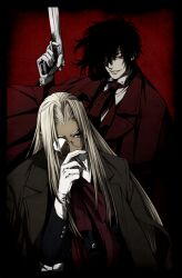  1boy alucard_(hellsing) bad_id bad_pixiv_id black_hair blonde_hair cigar commentary_request dark_skin female glasses gloves gun handgun hellsing integra_hellsing komiya_kuniharu long_hair red_eyes reverse_trap smoking weapon 