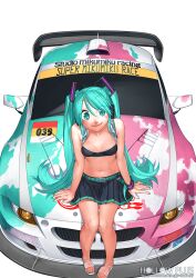  aqua_eyes aqua_hair bandeau bare_shoulders belt black_skirt bmw bmw_z4 car collarbone commentary_request female goodsmile_company goodsmile_racing hatsune_miku itasha kazeto long_hair looking_at_viewer midriff motor_vehicle navel on_vehicle race_queen racing_miku racing_miku_(2009) sandals simple_background sitting skirt smile solo sports_car stomach super_gt twintails vehicle_focus very_long_hair vocaloid 