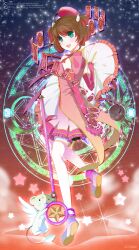  1boy bad_id bad_pixiv_id brown_hair card cardcaptor_sakura elbow_gloves female floating_card gloves green_eyes hair_ornament hat highres hoshi_no_tsue kero_(cardcaptor_sakura) kinomoto_sakura kinomoto_sakura_(pink_star_angel_costume) magic_circle magical_girl monicanc photoshop_(medium) pink_gloves pink_hat sakura_card short_hair thighhighs twintails wand wing_hair_ornament 