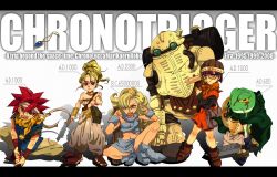  3boys 3girls ayla_(chrono_trigger) bad_id bad_pixiv_id blonde_hair chrono_trigger crono_(chrono_trigger) frog_(chrono_trigger) lucca_ashtear marle_(chrono_trigger) multiple_boys multiple_girls painttool_sai_(medium) purple_hair red_hair robo_(chrono_trigger) weapon yamaharu 