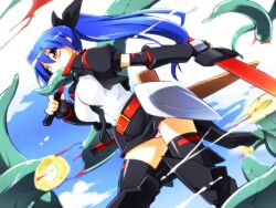  akakuro-san black_thighhighs blood blue_hair boots borrowed_character commentary_request eating facial_tattoo female knife long_hair mouth_hold original panties pantyshot ponytail red_eyes solo sword tattoo tentacle thighhighs tomoshibi_hidekazu underwear weapon 