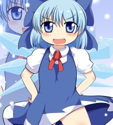  bad_id bad_pixiv_id blue_dress blue_eyes blue_hair blush bow cirno dress female hairbow hands_on_own_hips motsu_(selshia12) no_panties oerba_yun_fang open_mouth photoshop_(medium) smile solo touhou upskirt wings 