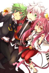  2boys animal_ears bad_id bad_pixiv_id black_pants blazblue cat_ears cat_tail female green_hair hazama kokonoe_(blazblue) kuro_yuzu multiple_boys pants pink_hair ragna_the_bloodedge red_pants sandwiched tail white_hair 