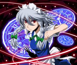  bad_id bad_pixiv_id bow braid commentary_request female grey_hair hairbow hayashi_custom izayoi_sakuya knife maid_headdress photoshop_(medium) red_eyes ribbon solo touhou twin_braids 