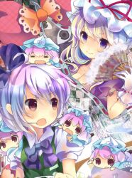  6+girls bad_id bad_pixiv_id blonde_hair blue_dress blue_eyes breasts chibi chibi_on_head cleavage clone dress drooling gap_(touhou) gloves green_dress grey_hair hair_ribbon hand_fan hat kedama_milk konpaku_youmu medium_breasts mini_person minigirl multiple_girls on_head open_mouth pink_eyes pink_hair purple_dress reaching ribbon saigyouji_yuyuko shirt smile touhou white_gloves yakumo_yukari 