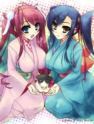  2girls aqua_eyes black_hair bovine cone_hair_bun hair_bun hair_ribbon japanese_clothes kan&#039;u_(koihime_musou) katagiri_hinata koihime_musou multiple_girls photoshop_(medium) red_hair ribbon ryuubi yellow_eyes 