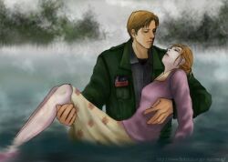  1boy asia_airport brown_hair closed_eyes couple dress_shirt female female jacket james_sunderland male mary_shepherd-sunderland shirt short_hair silent_hill silent_hill_2 skirt water 