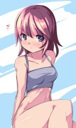  ^^^ bare_shoulders blush bottomless commentary_request female navel original pink_hair purple_eyes saiste short_hair sitting solo tank_top 