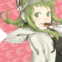  bad_id bad_pixiv_id casual doughnut female food food_in_mouth glasses green_eyes green_hair grey_hair gumi headphones hood hood_down hooded_jacket jacket medium_hair mouth_hold open_mouth pink_background scarf shutter_shades sidelocks solo teeth upper_body vocaloid yoshito 