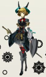  animal_ears blonde_hair blue_eyes boots commentary_request detached_sleeves female gond photoshop_(medium) pixiv_fantasia pixiv_fantasia_5 shield short_hair solo sword thighhighs weapon zettai_ryouiki 