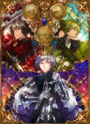  3boys armor arrow_(projectile) brown_hair cape commentary_request crown crystal emanuel_(pixiv_fantasia) flag flower gauntlets gloves green_eyes green_hair grey_hair highres kyouka_hatori lucas_(pixiv_fantasia) multiple_boys pixiv_fantasia pixiv_fantasia_5 polearm profile purple_eyes raineis_han_(pixiv_fantasia) red_eyes sheath spear sword unsheathing weapon 