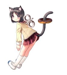  animal_ears black_eyes blush cat_ears cat_tail commentary_request doughnut female food food_on_tail from_side hyadain_no_joujou_yuujou kemonomimi_mode leaning_forward nichijou prinz_luzifer school_uniform shinonome_nano short_hair skirt smile solo tail tokisadame_school_uniform winding_key 