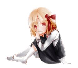  blonde_hair commentary_request female hair_ribbon highres junwool red_eyes ribbon rumia short_hair sitting skirt socks solo touhou vest 