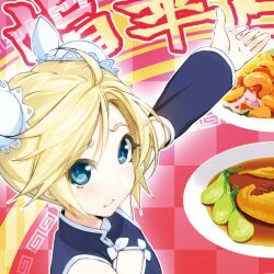  ahoge bad_id bad_pixiv_id blonde_hair blue_eyes blush china_dress chinese_clothes detached_sleeves double_bun dress female food hair_bun kagamine_rin photoshop_(medium) plate solo vocaloid yahako 