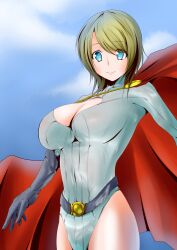  belt blonde_hair blue_eyes breasts cape cleavage clouds dc_comics female gloves highres large_breasts leotard power_girl rorschach_(pixiv2676323) short_hair sky solo tennkai-akeci_mirakuru 