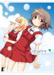  2girls blonde_hair blowing_bubbles brown_eyes brown_hair bubble bubble_pipe clover clover_(flower) commentary_request flower hair_ornament hairclip hidamari_sketch miyako_(hidamari_sketch) multiple_girls patoto school_uniform short_hair yellow_eyes yuno_(hidamari_sketch) 