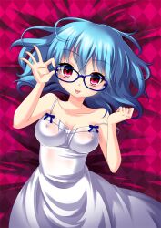  :p adjusting_eyewear argyle bad_id bad_pixiv_id blue_hair breasts collarbone covered_nipples dress female glasses lying medium_breasts momojiri_aya on_back original red_eyes short_hair solo strap_slip sundress tongue tongue_out white_dress 