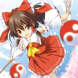  ascot blue_sky bow brown_eyes brown_hair cherry_blossoms commentary_request day detached_sleeves female gohei hair_tubes hairbow hakurei_reimu ofuda open_mouth outstretched_arms painttool_sai_(medium) petals ponytail red_bow red_skirt running shirt skirt skirt_set sky smile solo touhou yin_yang zb_(dawn-blue) 