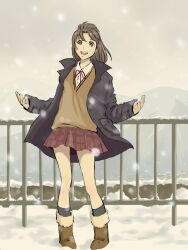  :d brown_eyes brown_hair coat commentary_request female goke_shike_(altamira05) open_mouth original railing short_hair skirt smile snow solo winter_clothes 