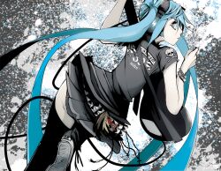  aqua_eyes aqua_hair bracelet commentary_request female from_behind guitar hatsune_miku headphones instrument jewelry jinbei long_hair looking_back solo thighhighs twintails very_long_hair vocaloid 