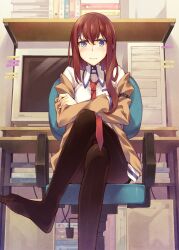  annoyed bad_id bad_pixiv_id blue_eyes blush brown_hair commentary_request computer crossed_arms crossed_legs feet female foreshortening inato_serere jacket long_hair makise_kurisu necktie pantyhose red_necktie sitting solo steins;gate 