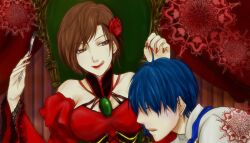  1boy akujiki_musume_conchita_(vocaloid) banica_conchita blue_hair brown_eyes brown_hair carlos_marlon closed_eyes commentary_request evillious_nendaiki female flower fork hair_flower hair_ornament hamao_(ahiru-574hh) jewelry kaito_(vocaloid) licking_lips lipstick makeup meiko_(vocaloid) nail_polish red_flower red_rose rose short_hair tongue tongue_out vocaloid 