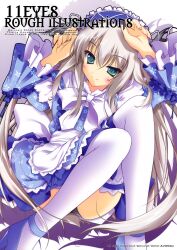  11eyes absurdres apron blush bow cover dress female frills garters green_eyes hayakawa_harui headdress highres lisette_vertorre long_hair panties rizetto_verutooru silver_hair smile solo thighhighs underwear white_legwear 