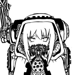  backpack bag chibi cloak commentary deculture english_commentary female greyscale monochrome simple_background solo techpriest warhammer_40k 