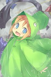  bad_id bad_pixiv_id blonde_hair blue_eyes female fred04142 frog_raincoat highres laundry lolicon looking_back nichijou open_mouth orange_hair outstretched_arms professor_shinonome rain raincoat smile solo 