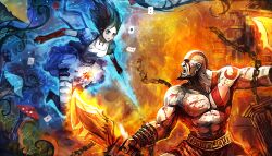  1boy alice:_madness_returns alice_liddell_(american_mcgee&#039;s_alice) american_mcgee&#039;s_alice bad_id bad_pixiv_id battle blades_of_chaos card chain_blades chains dress duel female floating_card god_of_war highres holding holding_card kratos_(god_of_war) manly mixed_gender_duel muscular mushroom pantyhose photoshop_(medium) playing_card striped_clothes striped_pantyhose sword tattoo weapon zhuxiao517 