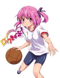  ball basketball basketball_(object) bike_shorts black_shorts commentary_request female gym_uniform lyrical_denko minato_tomoka purple_eyes purple_hair ribbon rou-kyuu-bu! short_hair shorts side_ponytail solo 