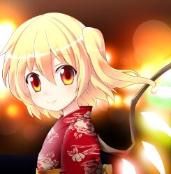  alternate_costume bell_(oppore_coppore) blonde_hair blurry blush bokeh commentary_request depth_of_field female flandre_scarlet glowing glowing_wings japanese_clothes kimono lights no_headwear photoshop_(medium) red_eyes red_kimono side_ponytail smile solo touhou upper_body wings yukata 