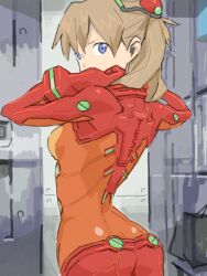  arms_up baariya bad_drawr_id bad_id bad_link bodysuit brown_hair evangelion:_2.0_you_can_(not)_advance female hair_ornament looking_back multicolored_bodysuit multicolored_clothes neon_genesis_evangelion oekaki orange_bodysuit plugsuit rebuild_of_evangelion red_bodysuit solo souryuu_asuka_langley test_plugsuit 