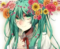  bad_id bad_pixiv_id female flower green_eyes green_hair hair_flower hair_ornament hatsune_miku long_hair noka_(blackheart1118) smile solo upper_body vocaloid 