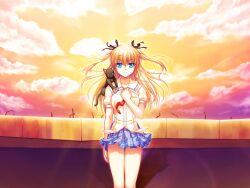  animal asami_asami blonde_hair blue_eyes fake_azure_arcology feline game_cg rain_t_miraa seifuku sunset 