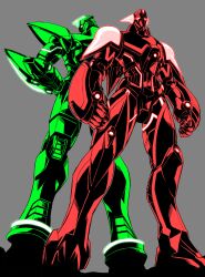  2boys absurdres armor barnaby_brooks_jr. commentary_request high_contrast highres kaburagi_t._kotetsu male_focus multiple_boys multiple_monochrome power_armor power_suit simple_background superhero_costume taguchi_shigeo tiger_&amp;_bunny wild_tiger 