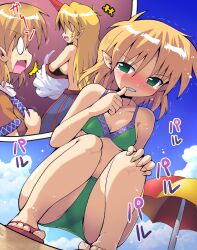  2girls bikini blonde_hair breast_envy commentary_request from_below green_eyes horns hoshiguma_yuugi kurogarasu long_hair mizuhashi_parsee multiple_girls oerba_yun_fang paru_paru photoshop_(medium) pointy_ears sandals short_hair single_horn squatting swimsuit topless touhou undressing 