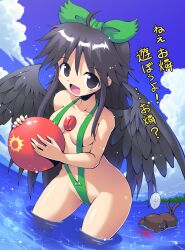  afloat ball black_eyes black_hair blood bow breasts commentary_request feline female green_bow hairbow kaenbyou_rin kaenbyou_rin_(cat) kurogarasu long_hair nosebleed photoshop_(medium) red_eyes reiuji_utsuho slingshot_swimsuit solo swimsuit third_eye touhou translated wading water wide_hips wings 