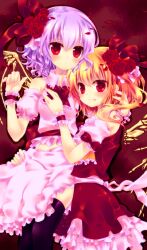  2girls :p album_cover ascot black_thighhighs blonde_hair blush commentary_request cover flandre_scarlet flower highres konno_kengo light_purple_hair multiple_girls navel no_headwear photoshop_(medium) red_eyes red_flower red_rose remilia_scarlet rose siblings side_ponytail sisters thighhighs tongue tongue_out touhou wavy_hair wrist_cuffs 