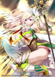  alteil_ii armor blonde_hair boots breasts character_request commentary_request fantasy female flower hair_flower hair_ornament large_breasts long_hair miogrobin no_panties polearm purple_eyes solo spear thigh_boots thighhighs underboob weapon wings 